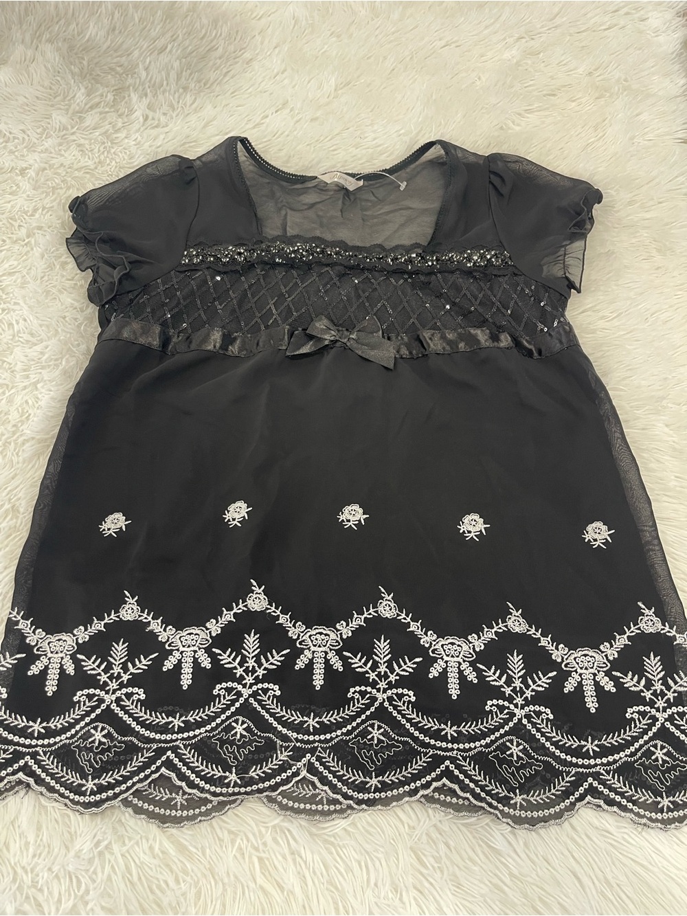 Black Embroidered Chiffon Girls' Dress with Bow